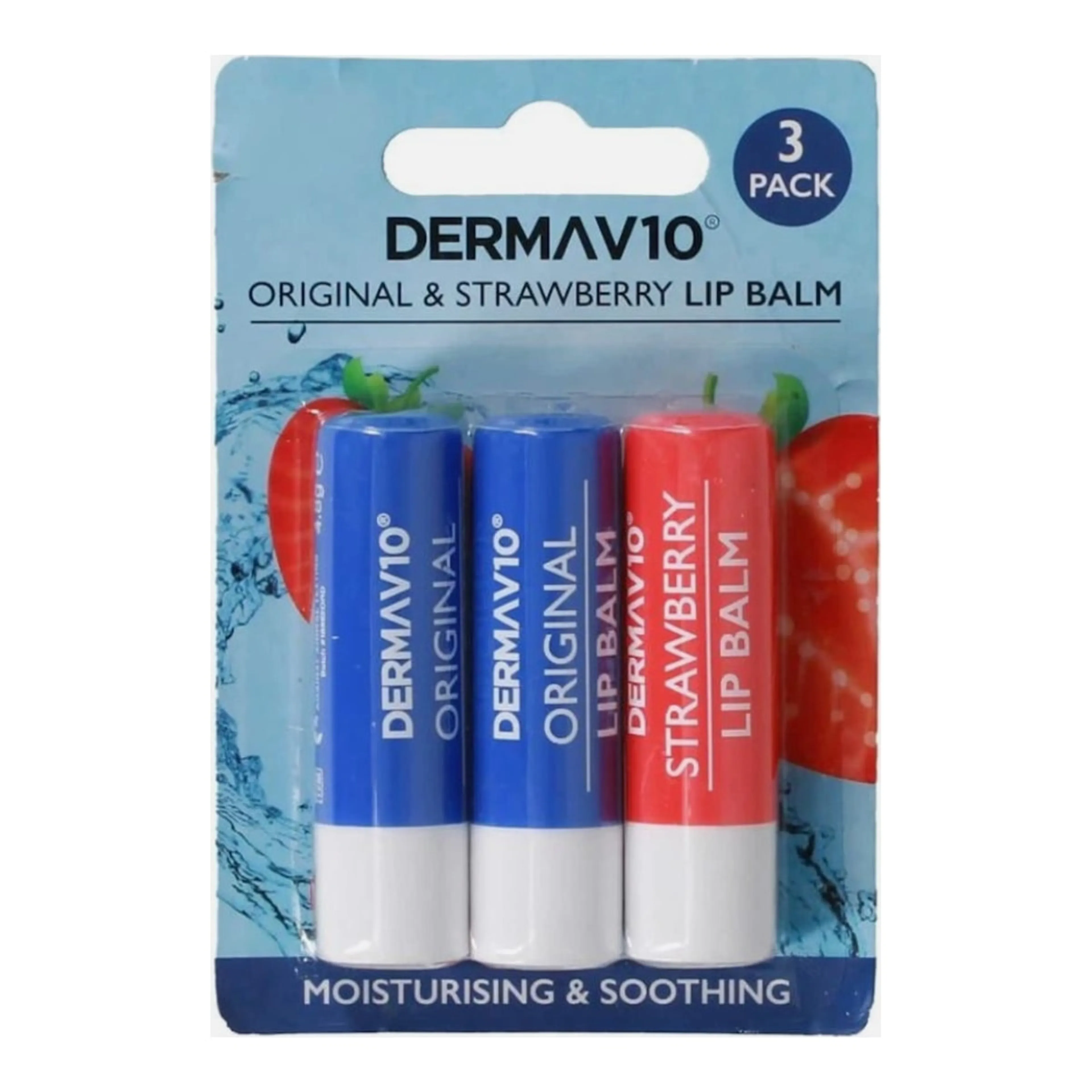 Derma V10 Original & Strawberry Lip Balm - 3 Pack, Moisturising & Soothing