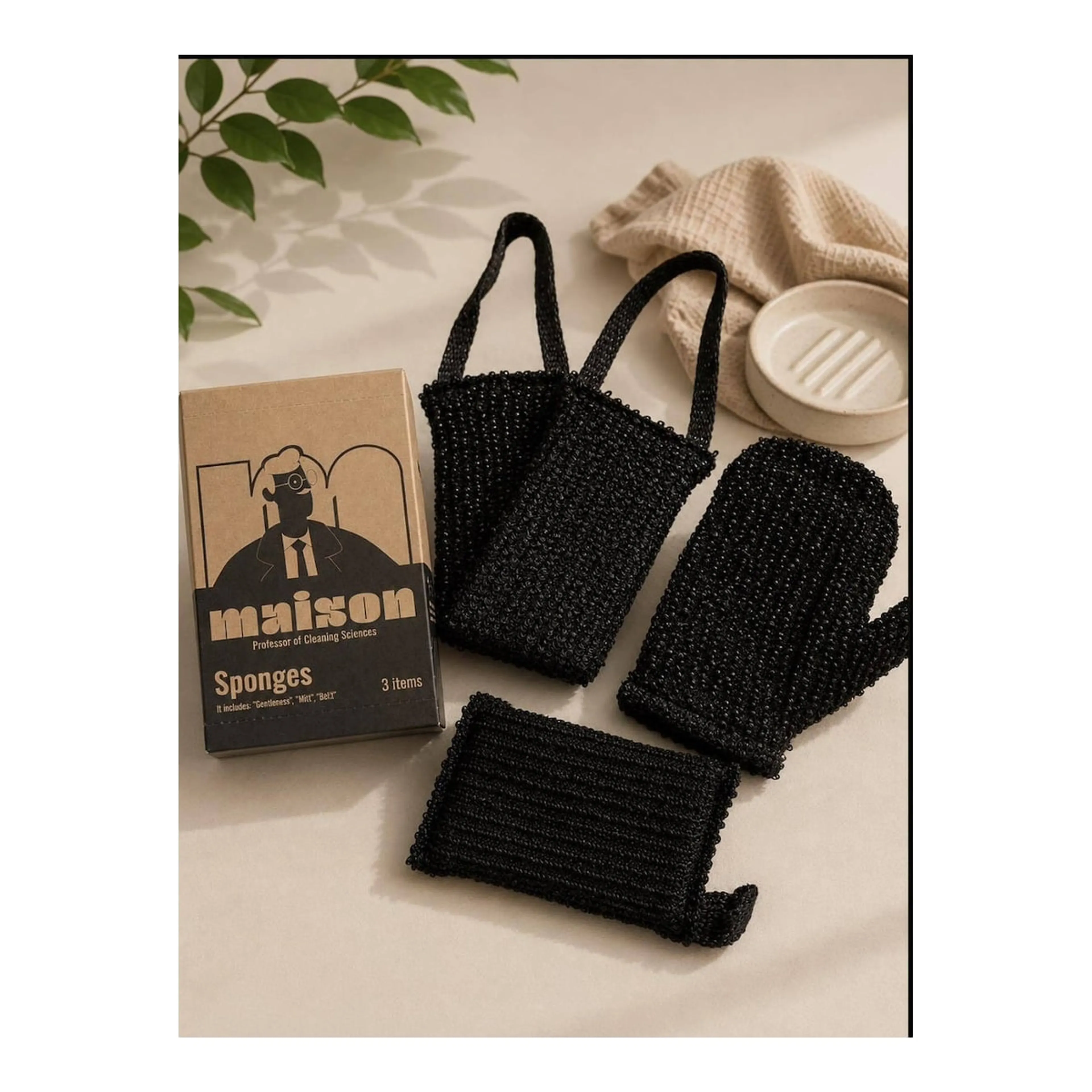 MAISON Bath Sponge Spa Big Pack, 1 Soft & 2 Hard Black 3pc